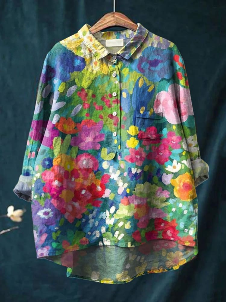 Damsza Vintage Urocza Kwiatowa Koszula Casual z Lnu