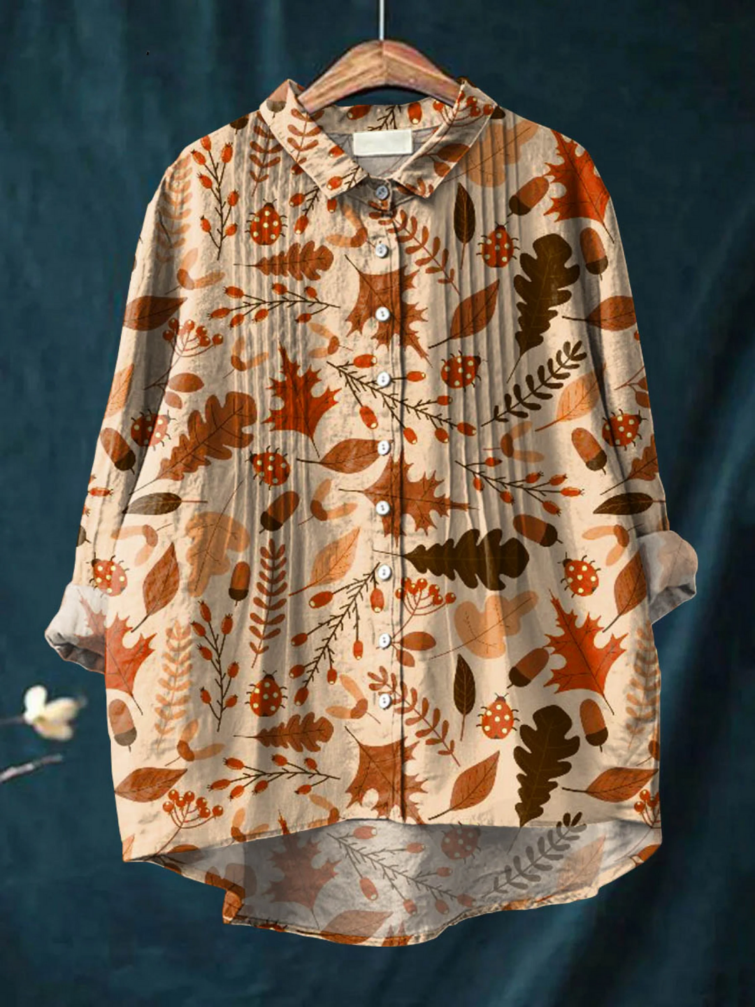 Koszula Ruffle z Bawełny i Lnu w Stylu Vintage z Motywem Liści Jesieni