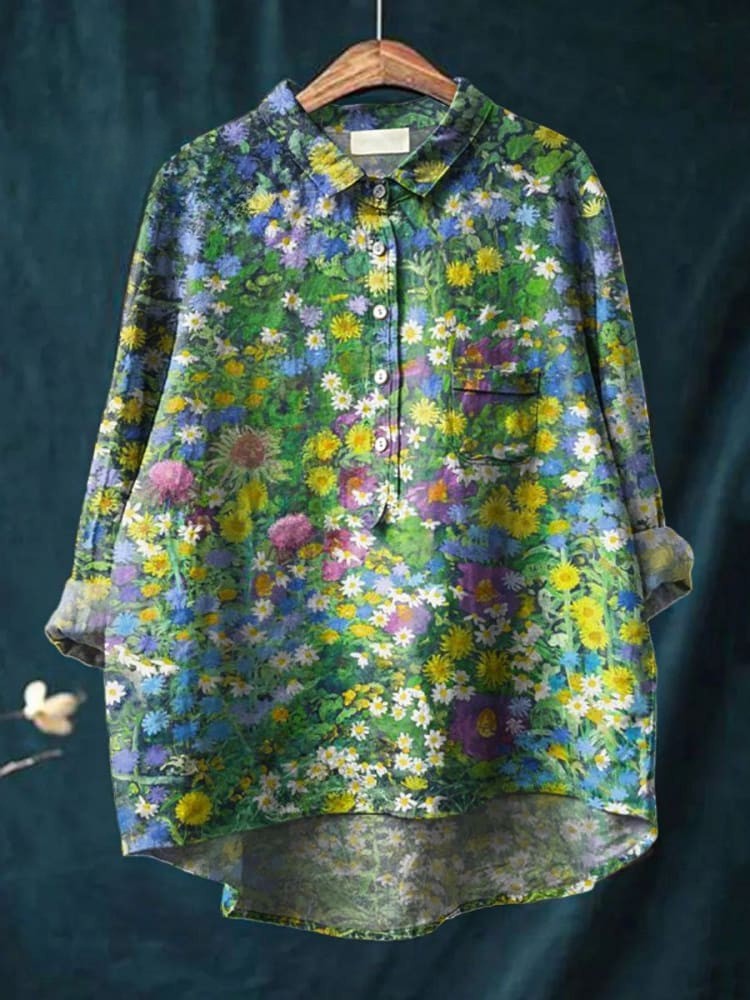 Damsza Vintage Kwiatowa Koszula Lniania Casual