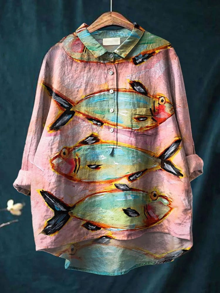 Koszula lniana z nadrukiem ryb w stylu vintage dla kobiet