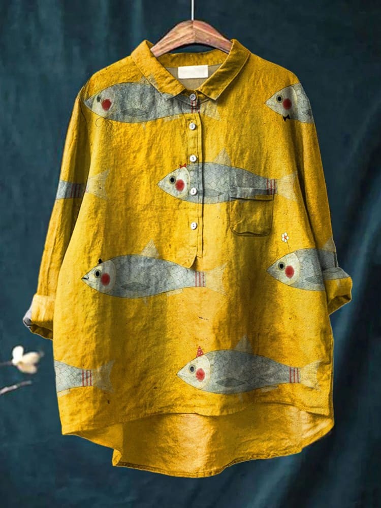 Kobiecą Vintage Print z Rybami Casual Koszula z Lnu