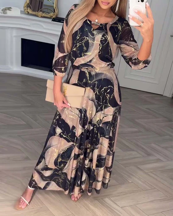 Elżbieta – Elegancka Maxi Sukienka z Marmurkowym Wzorem