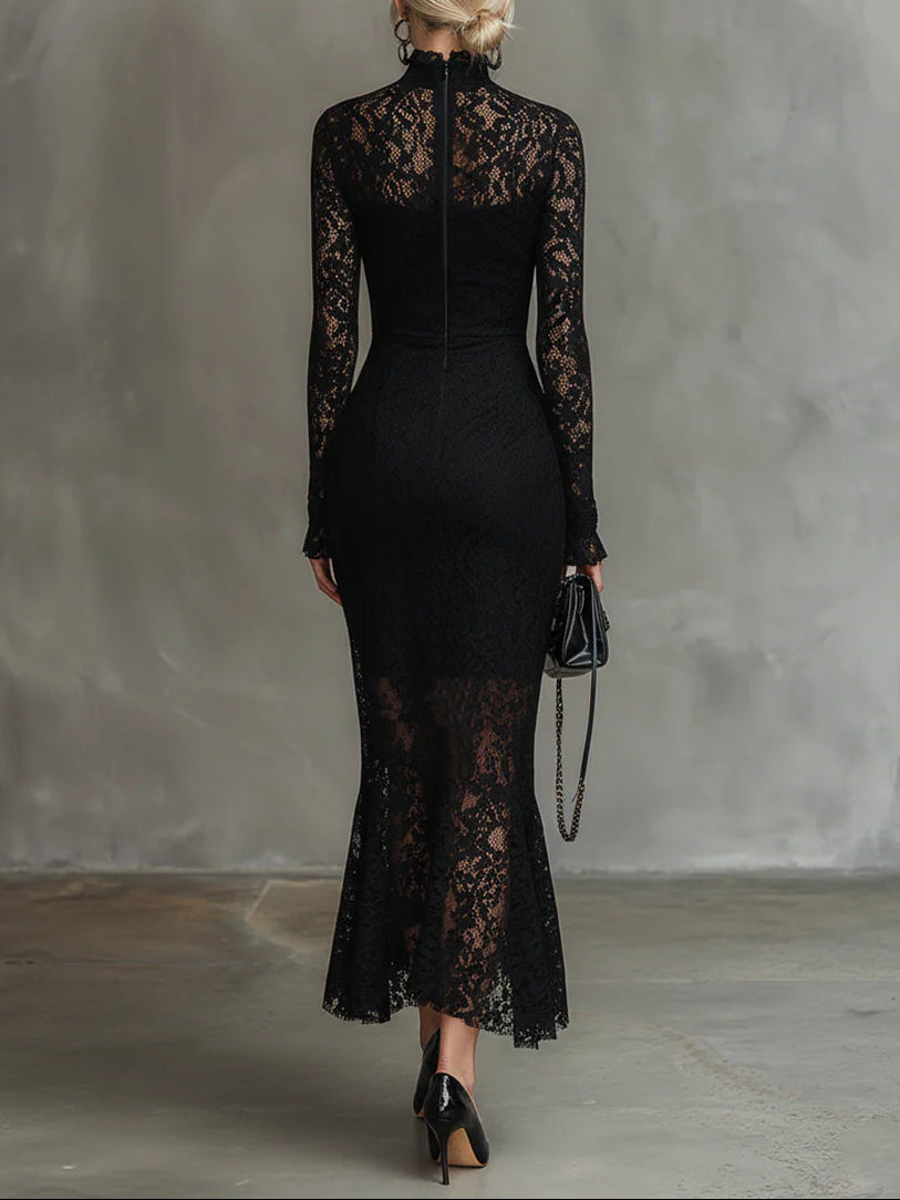 Elegancka Czarna Sukienka Maxi z Koronką w Stylu Rybim Ogonem