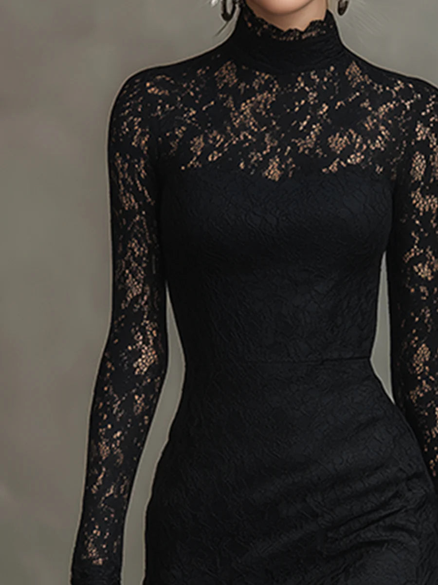 Elegancka Czarna Sukienka Maxi z Koronką w Stylu Rybim Ogonem
