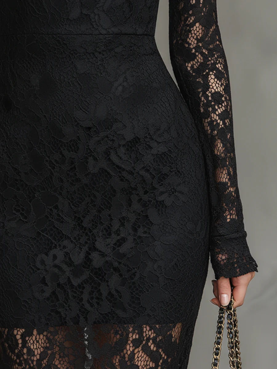 Elegancka Czarna Sukienka Maxi z Koronką w Stylu Rybim Ogonem