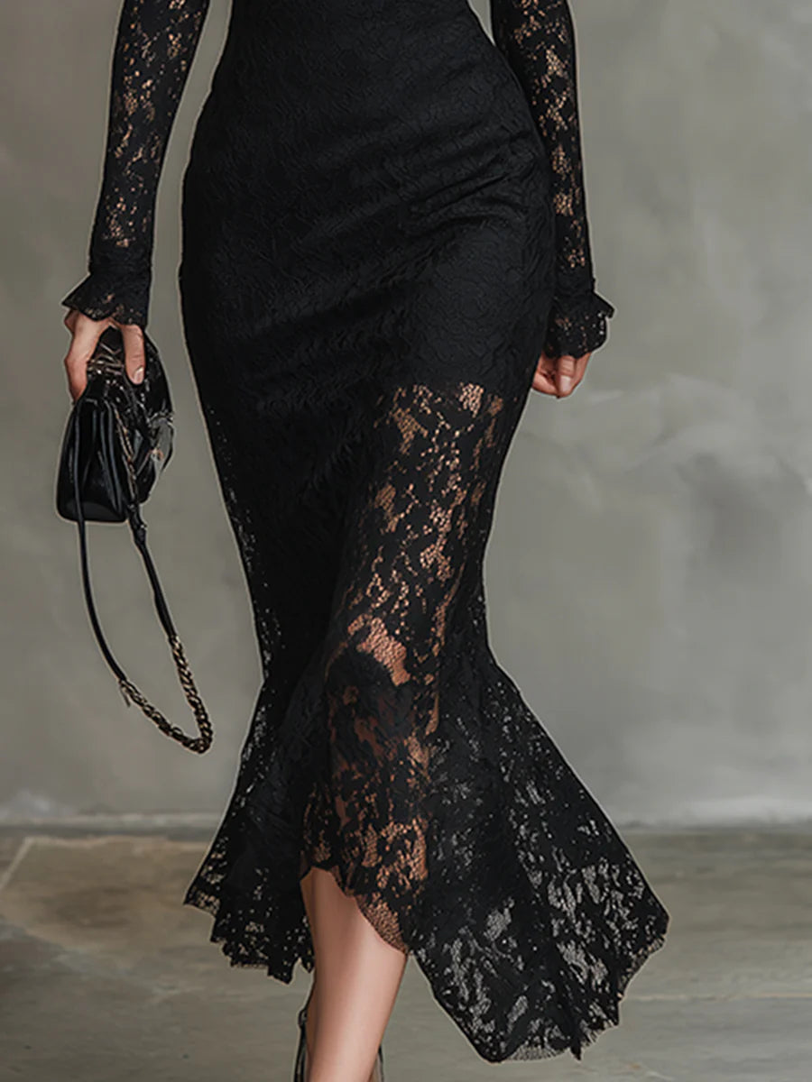 Elegancka Czarna Sukienka Maxi z Koronką w Stylu Rybim Ogonem