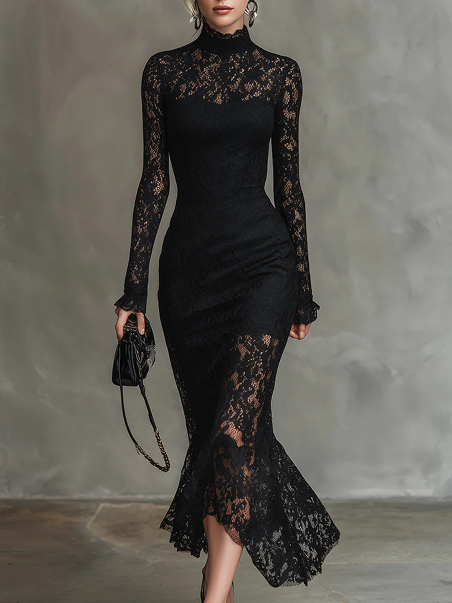 Elegancka Czarna Sukienka Maxi z Koronką w Stylu Rybim Ogonem