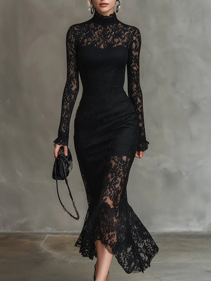 Elegancka Czarna Sukienka Maxi z Koronką w Stylu Rybim Ogonem