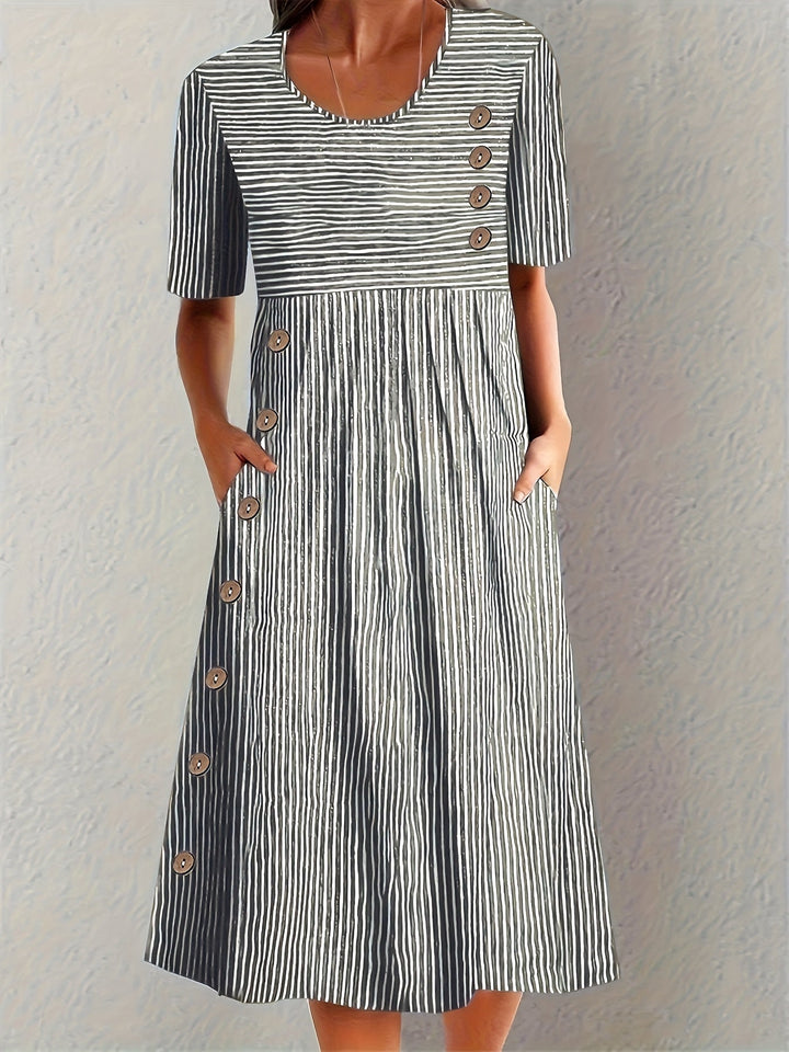 Zofia | Elegancka Pasiasta Sukienka Midi z Guzikami
