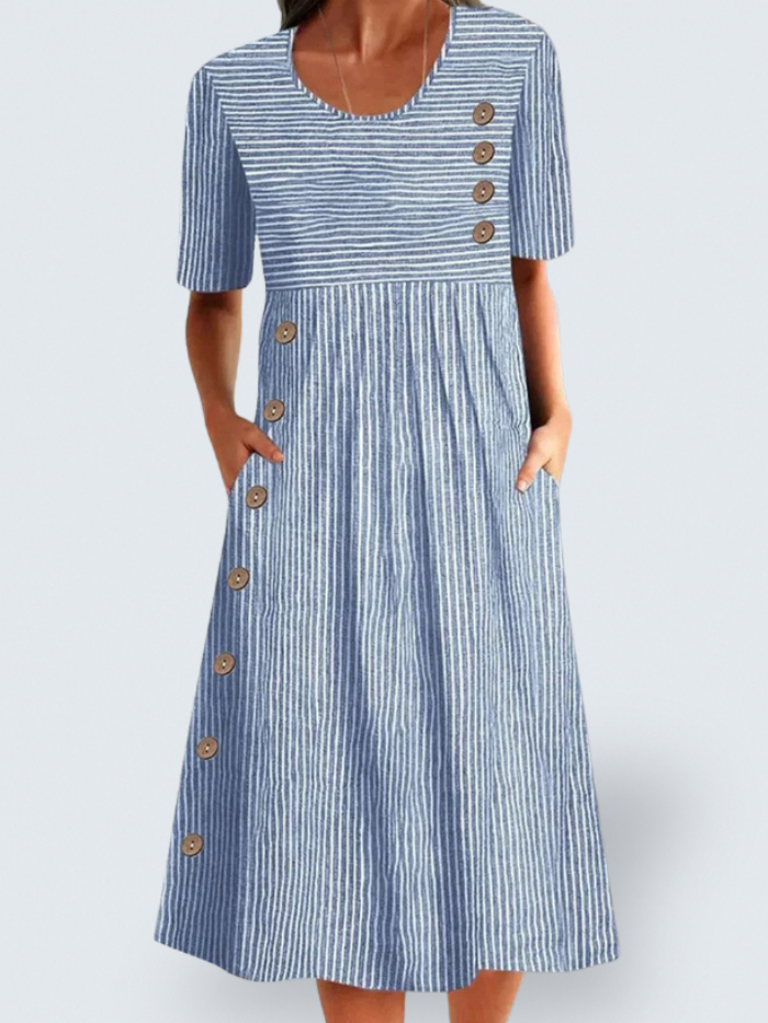 Zofia | Elegancka Pasiasta Sukienka Midi z Guzikami