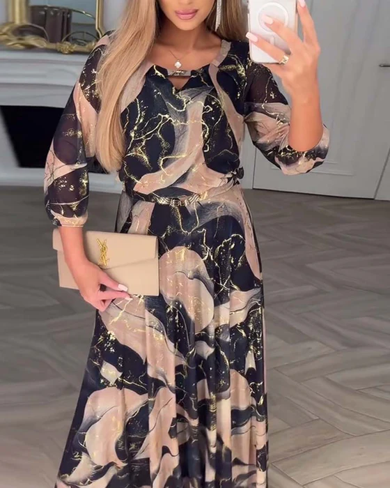 Elżbieta – Elegancka Maxi Sukienka z Marmurkowym Wzorem