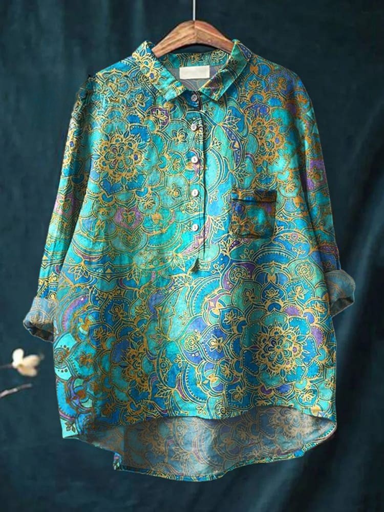 Damsza Retro Art Print Casual Lniana Koszula