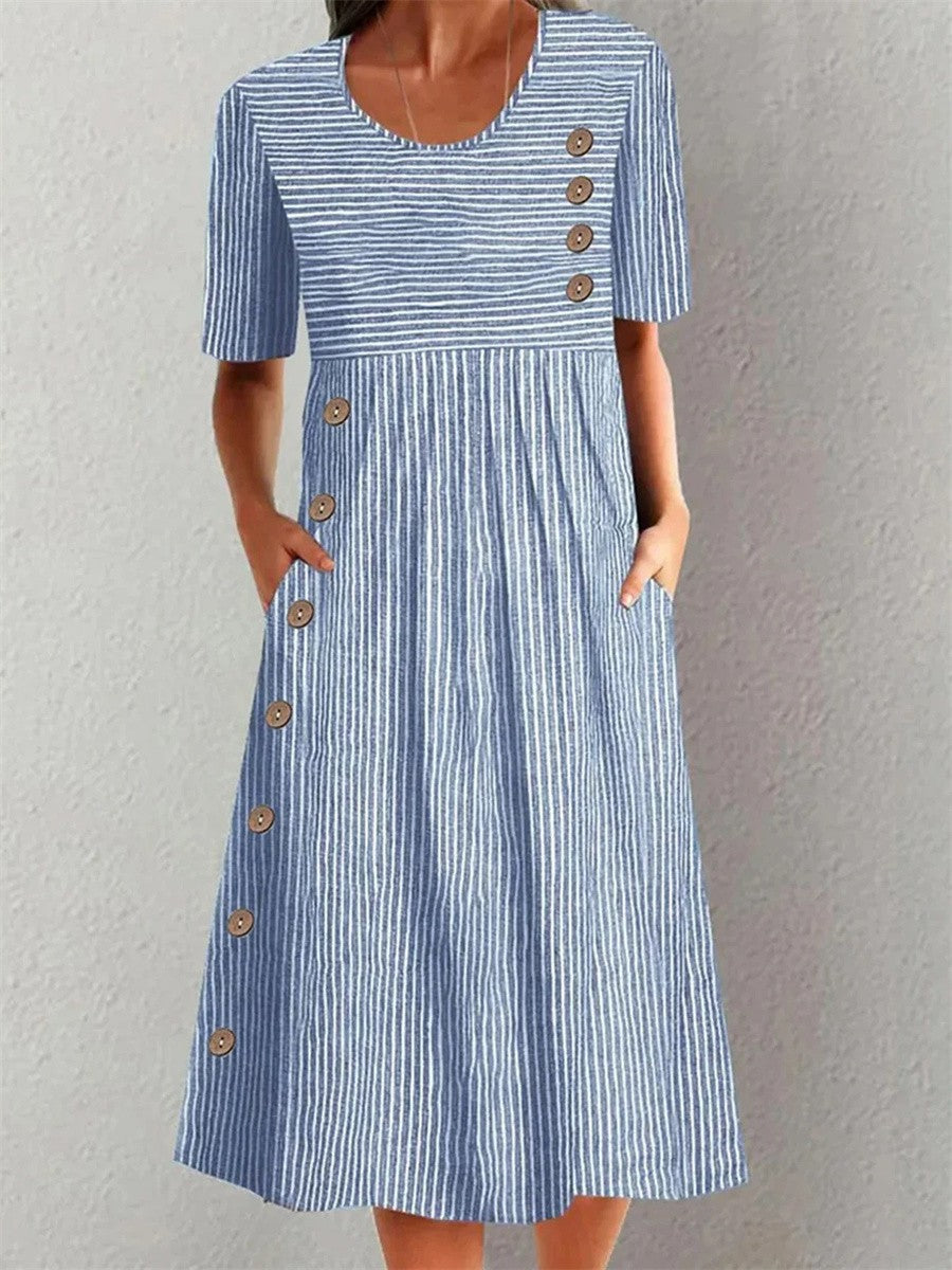 Zofia | Elegancka Pasiasta Sukienka Midi z Guzikami