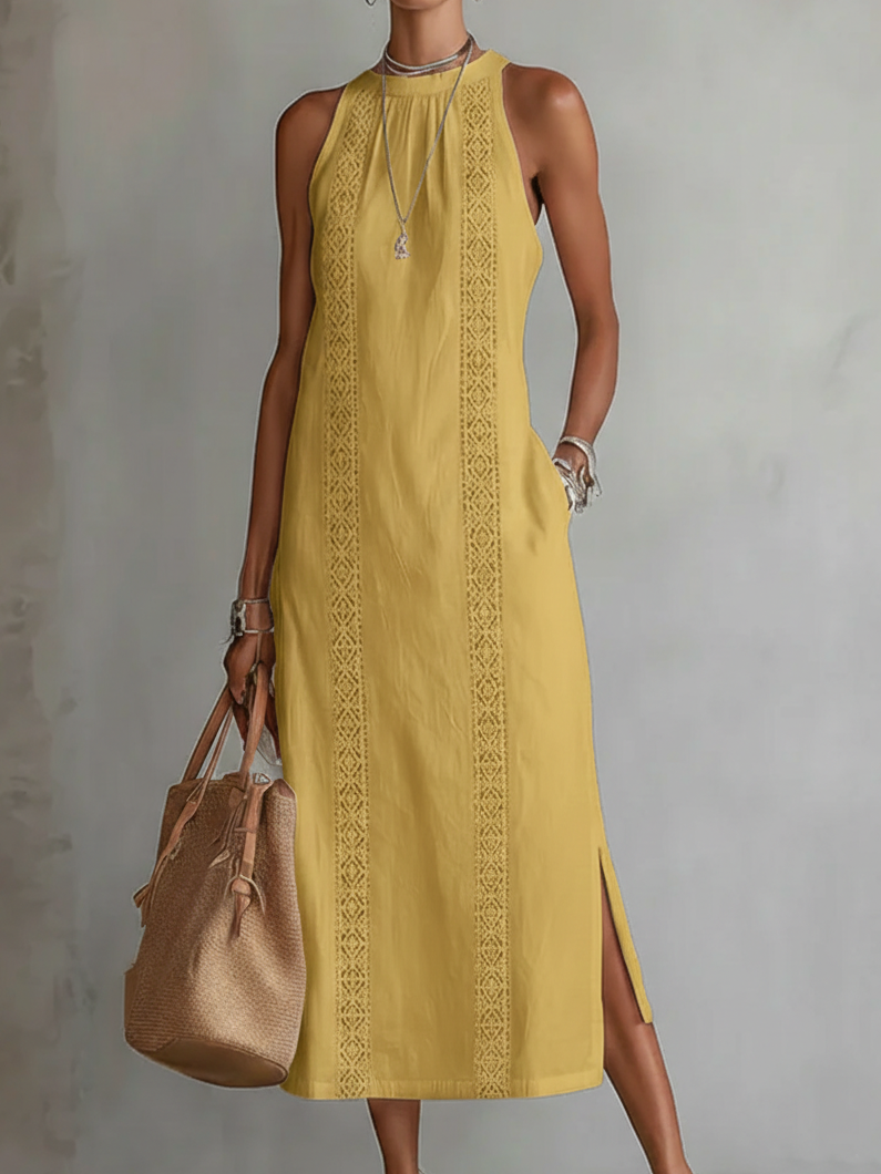 Ruth | Sukienka Maxi w Stylu Lnianym z Kołnierzykiem Mao
