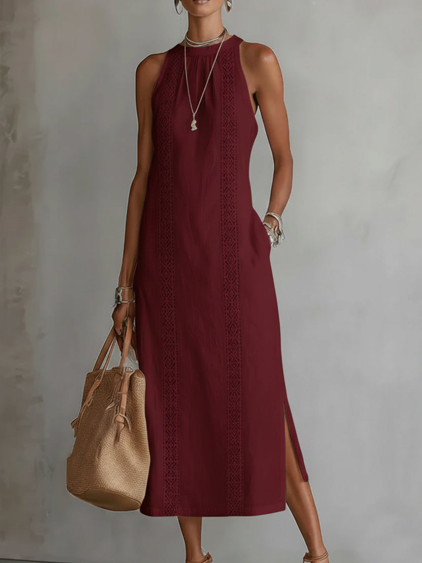 Ruth | Sukienka Maxi w Stylu Lnianym z Kołnierzykiem Mao